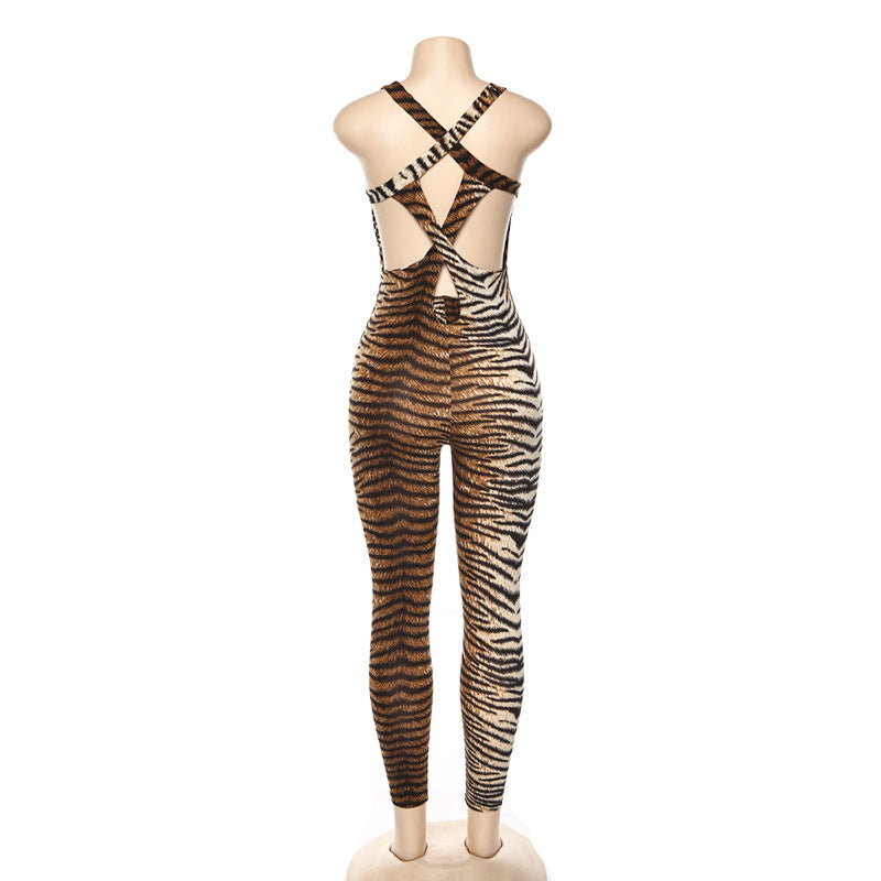 2019 Women's Tiger Stripe Backless Bodysuit Jumpsuit