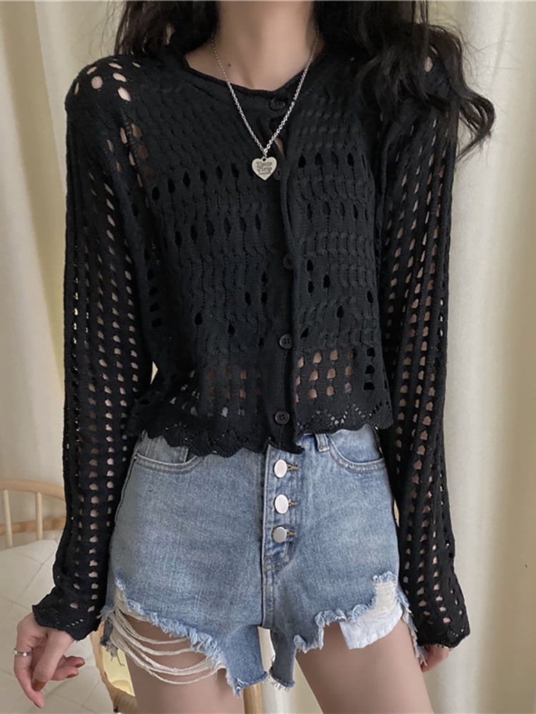 Hollow Ice Silk Long-sleeved Knitted Cardigan for Women