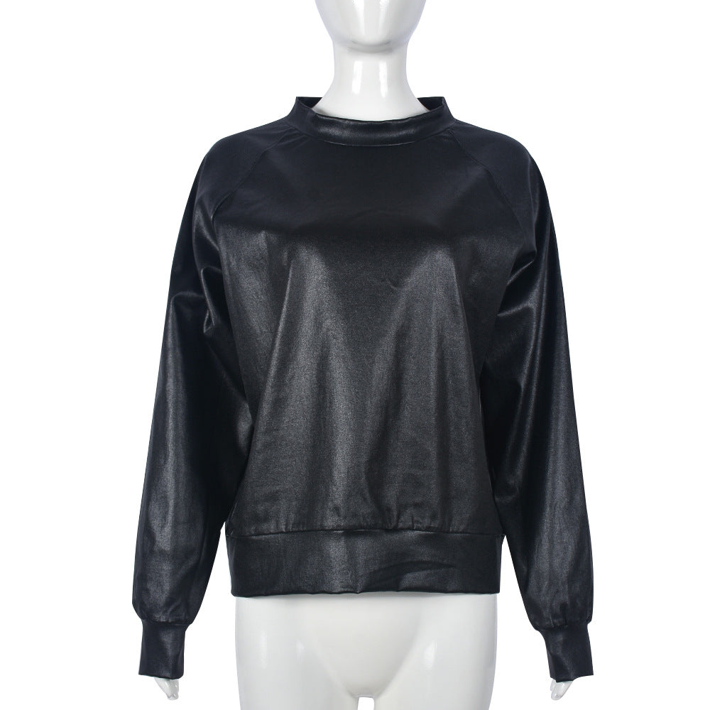 Round Neck Long Sleeve PU Leather Top Coat