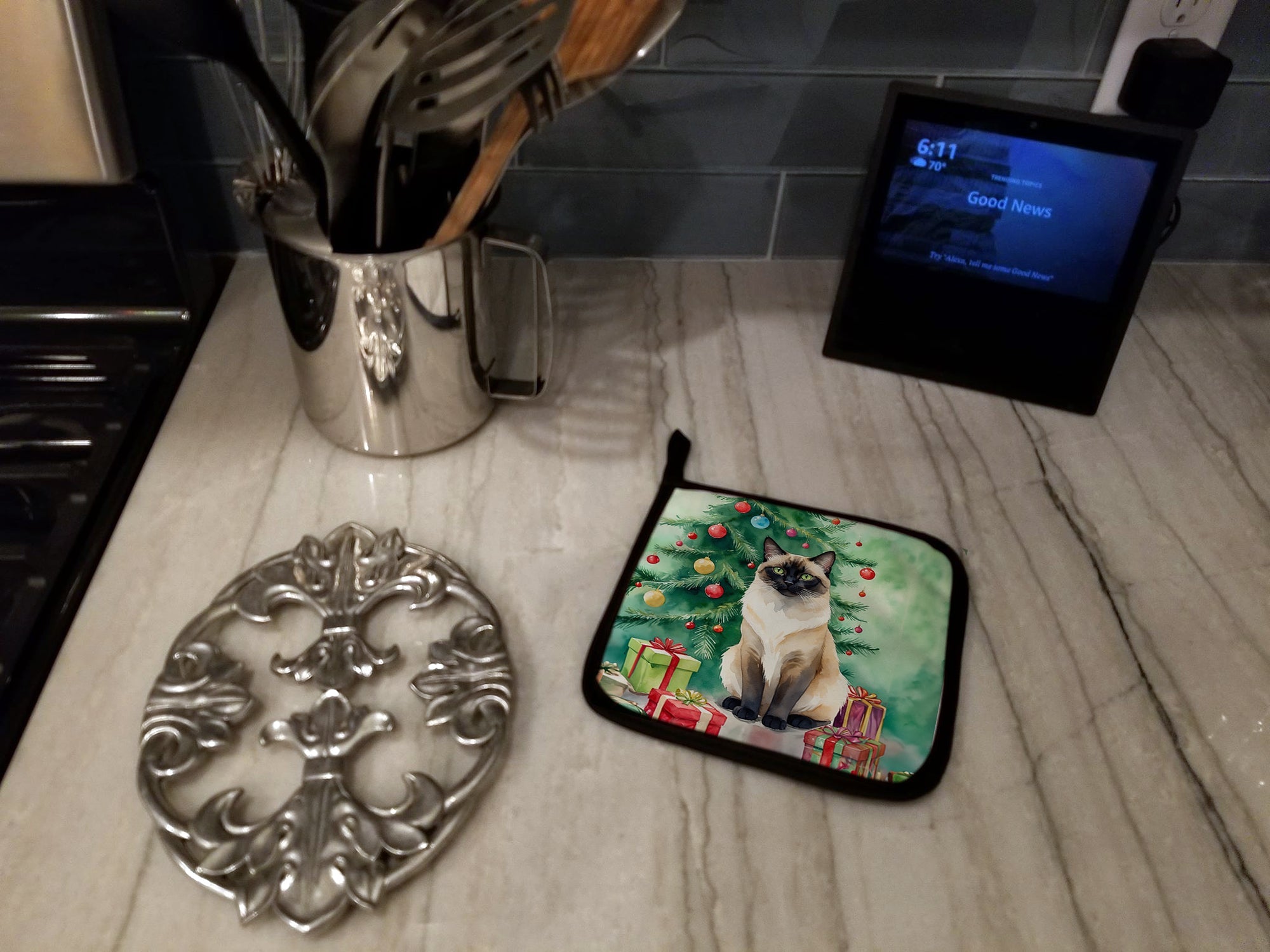 Birman Cat By the Christmas Tree Pair of Pot Holders