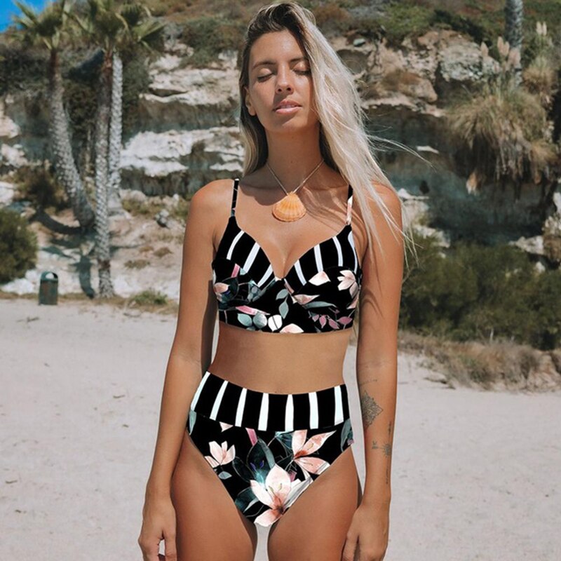 Multicolor High-Waist Bikini Swimsuit with Print