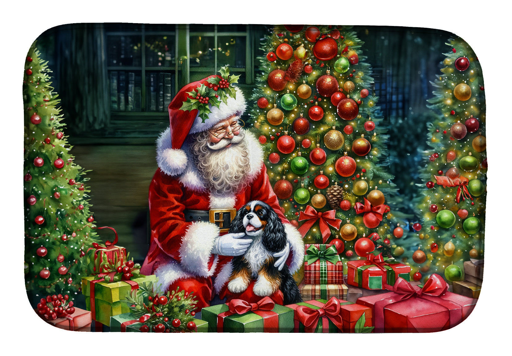 Cavalier Spaniel and Santa Claus Dish Drying Mat