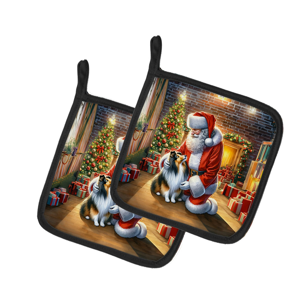 Sheltie and Santa Claus Pair of Pot Holders