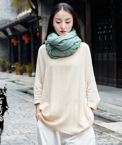 Cotton And Linen Breathable Retro National Long Sleeve Pullover T-shirt | Streetwear