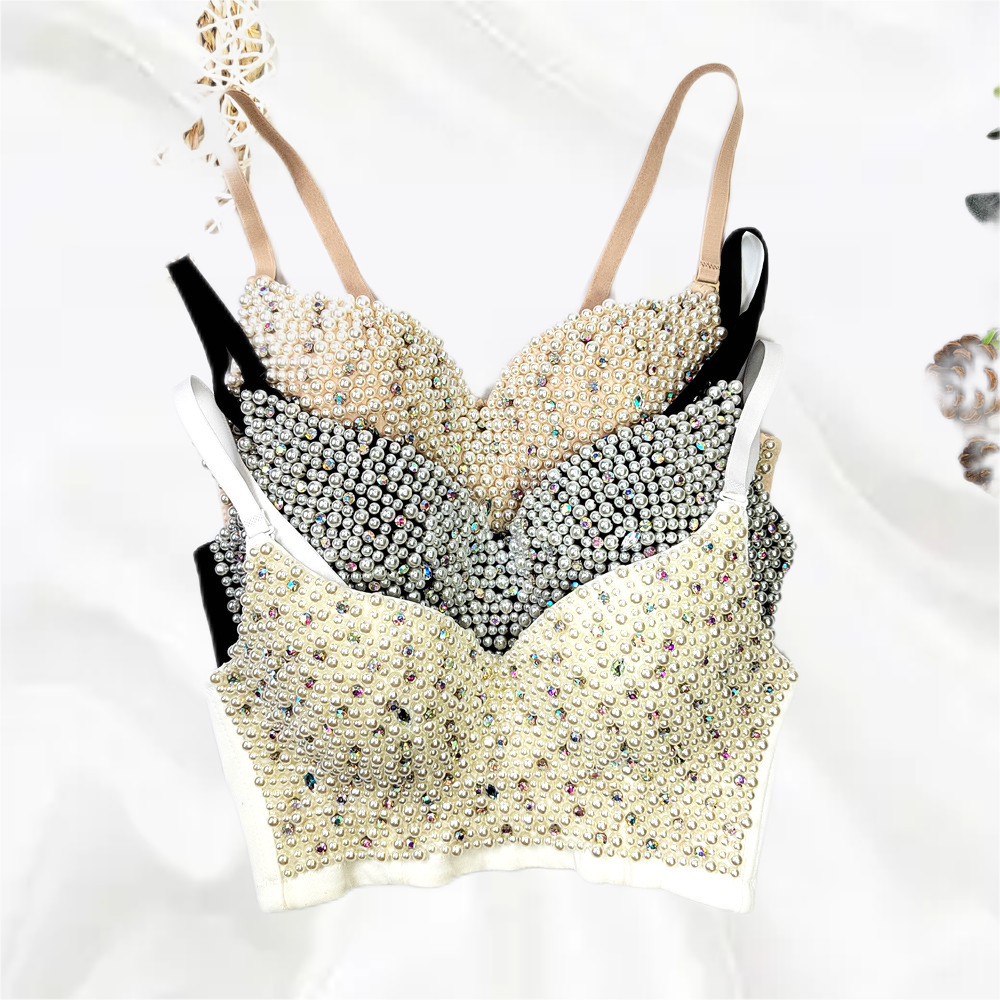 Rhinestone Beaded Bustier Push-Up Bralette Crop Top