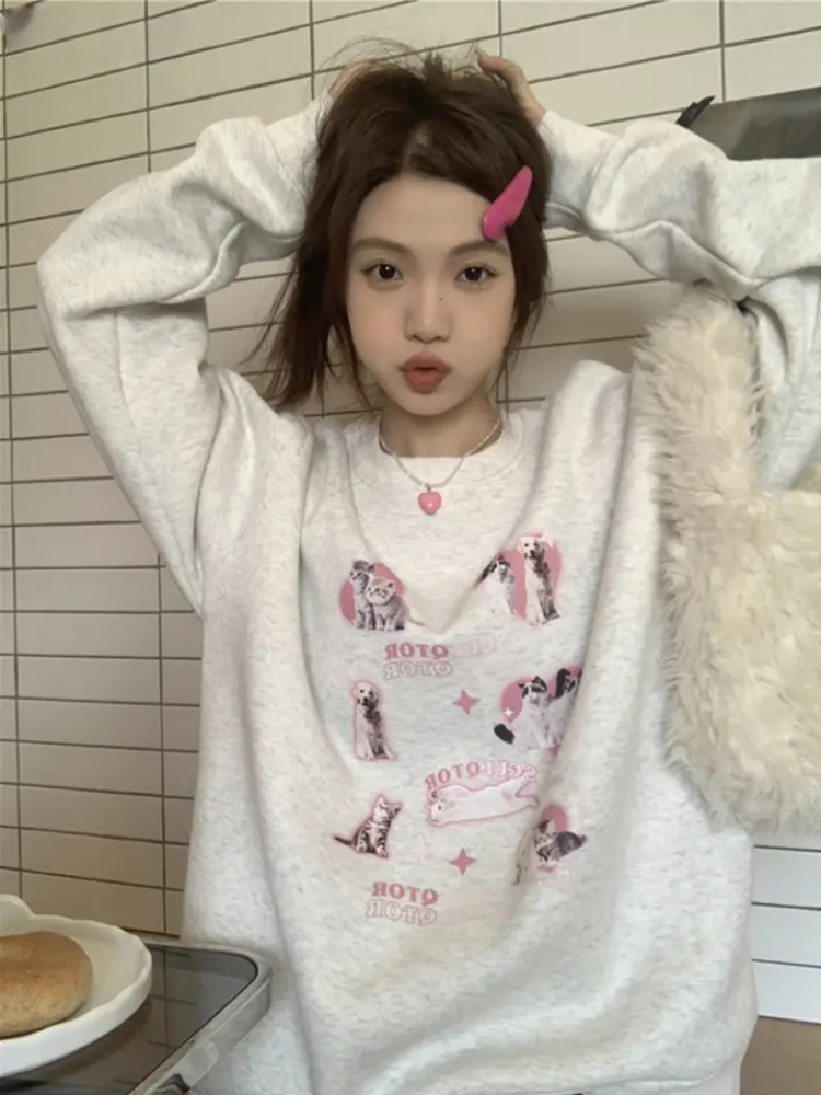 ADAgirl Kawaii Dog Print Oversized Hoodie for Women