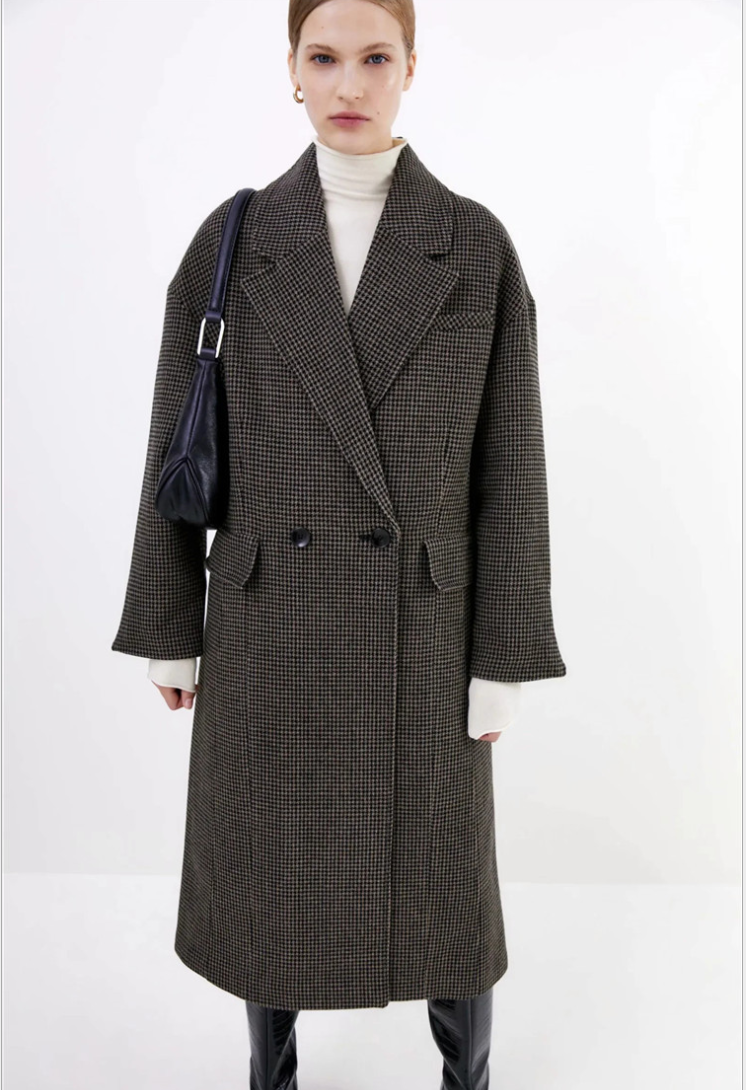 Houndstooth Plus Long Wool Coat
