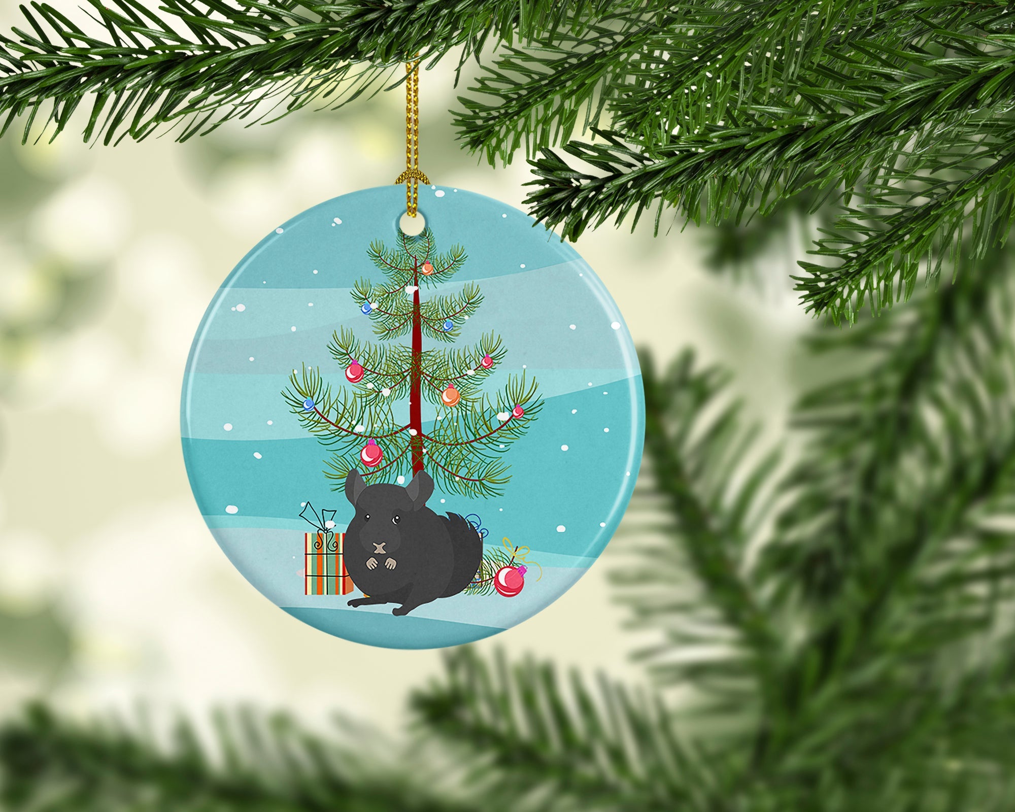 Charcoal Chinchilla Merry Christmas Ceramic Ornament