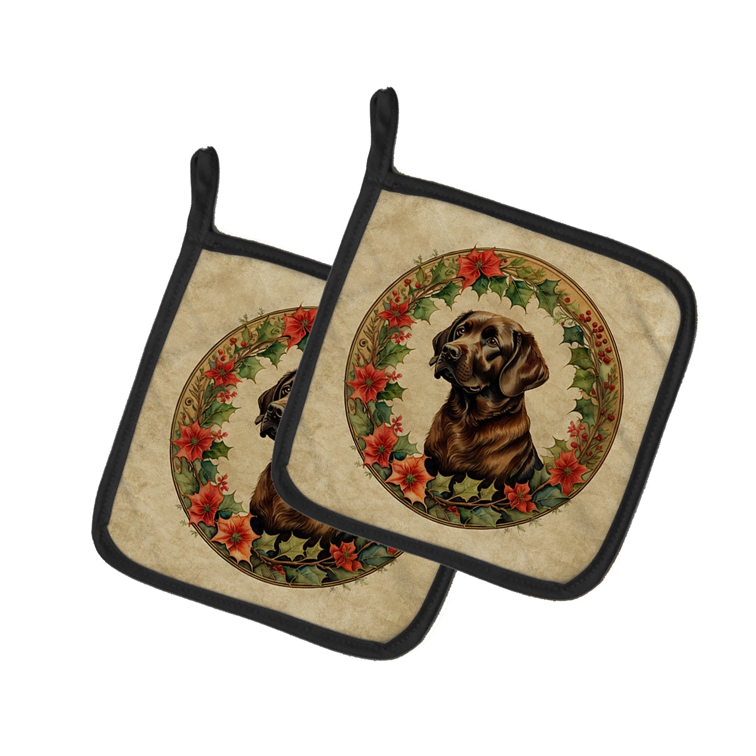 Labrador Retriever Christmas Flowers Pair of Pot Holders