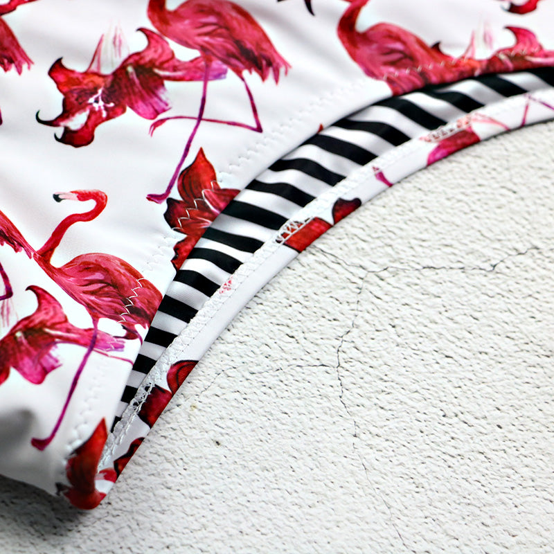 Flamingo Print Bikini with Cross Strap One-Piece Swimsuit