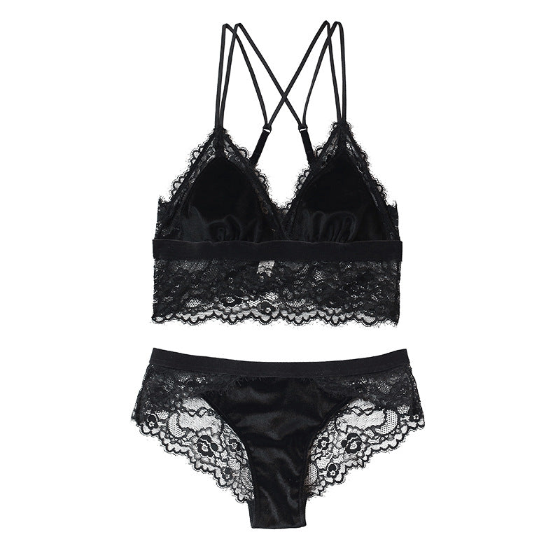 Lace Bralette Set with Velvet and No Underwire Design