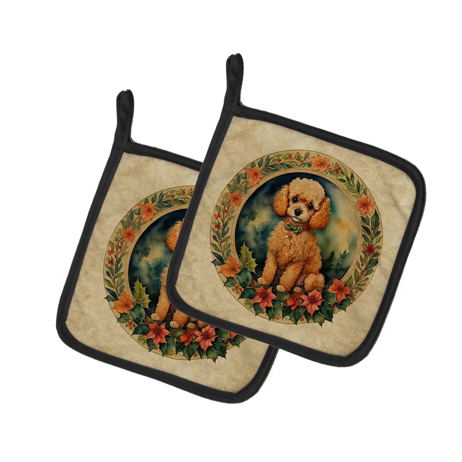 Poodle Christmas Flowers Pair of Pot Holders