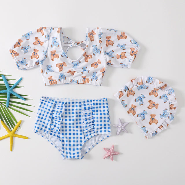 Cute Cartoon Bear Print Swimsuit and Plaid Shorts Set