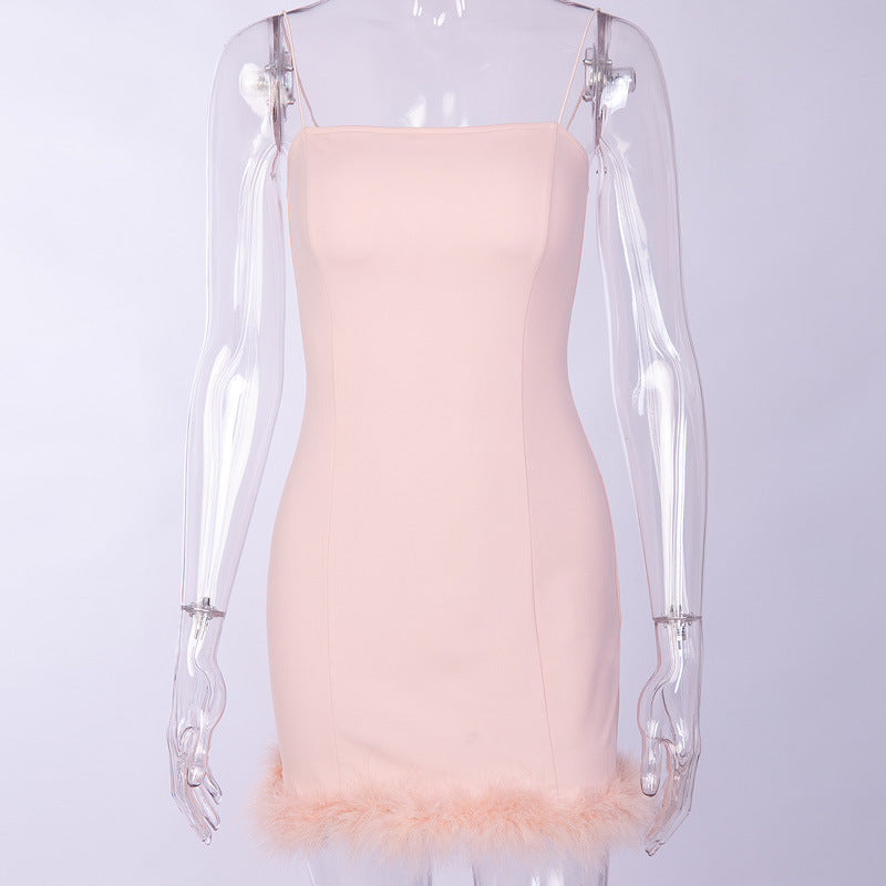 Feather Trim Spaghetti Strap Bodycon Mini Dress