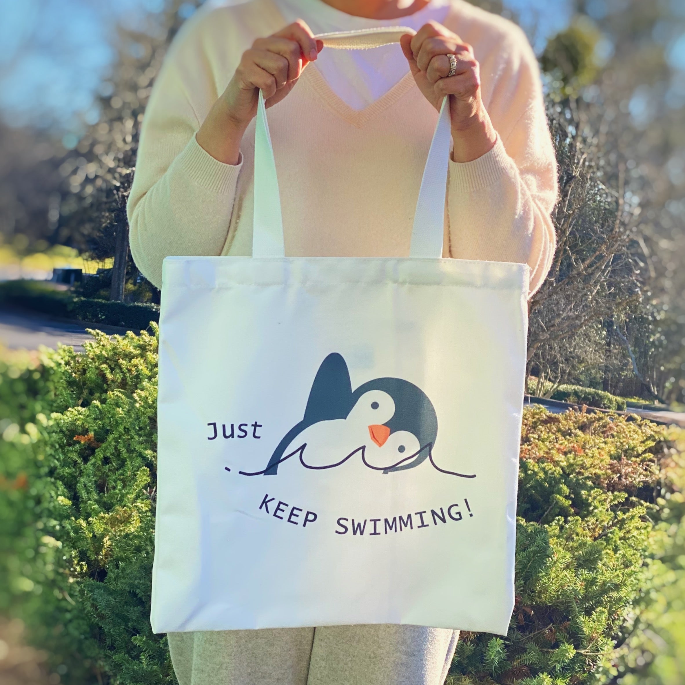 Just Keep Swimming Penguin Canvas Tote Bag