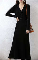 Elegant V-neck Wool Knitted Dress for Women