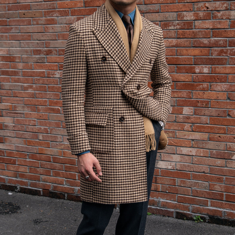 Men's Houndstooth Double-Breasted Long Polo Coat