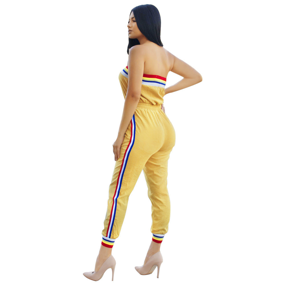 Striped Corset Jumpsuit with Waist Tie (One Piece)