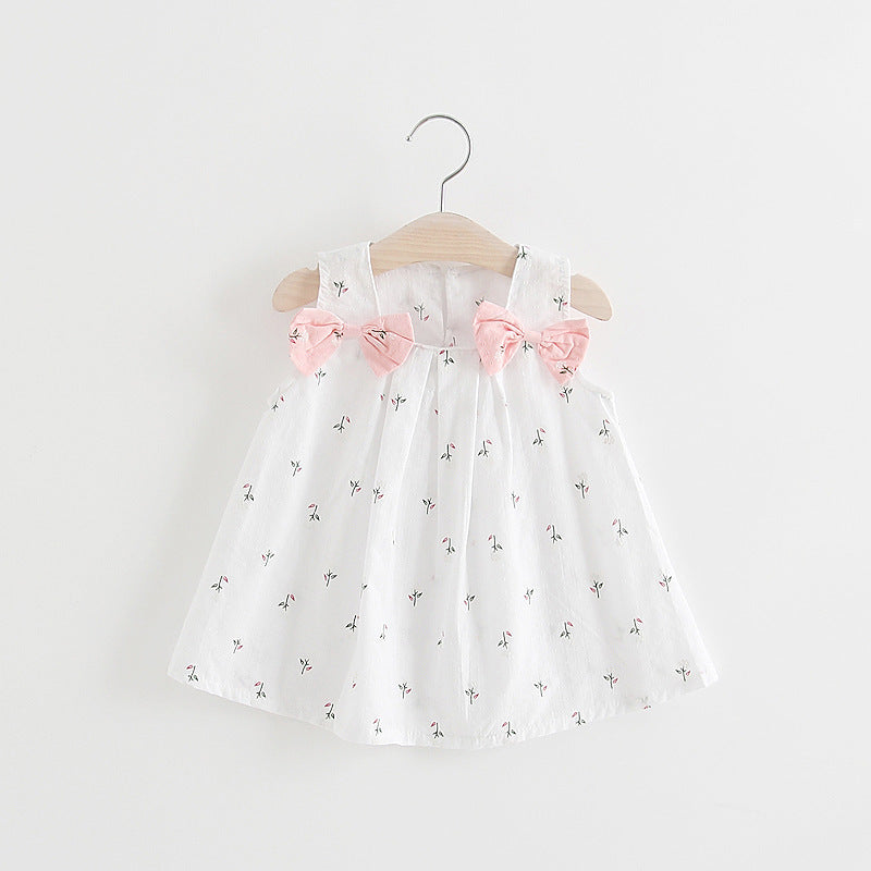 Summer Solid Color Bow-Back Floral Print Dress