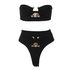 Shiny Strapless Bikini with Metal Accessories for Women