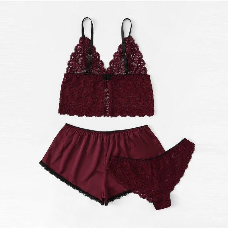 Lace and Satin Summer 3-Piece Sleepwear Set