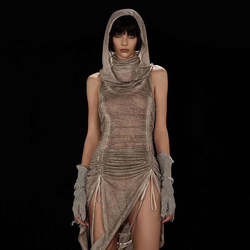 Hooded Turtleneck Pleated Drawstring Cutout Dress