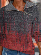 Women's Digital Print Zippered Loose Sweater