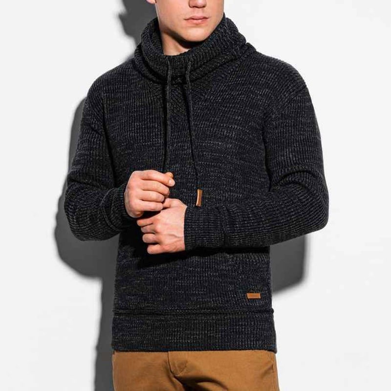 Men's Long Sleeve Knit Sweater with Drawstring Collar