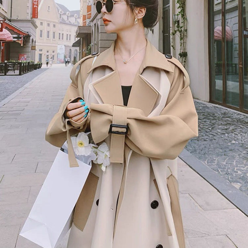 British Style Over-the-Knee Contrast Drape Windbreaker