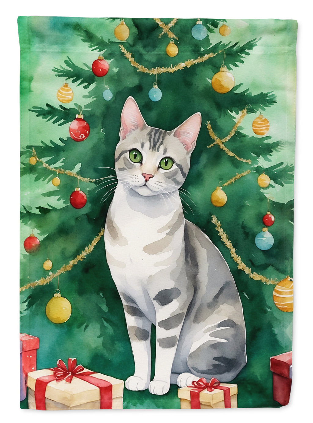European Shorthair Cat By the Christmas Tree Garden Flag
