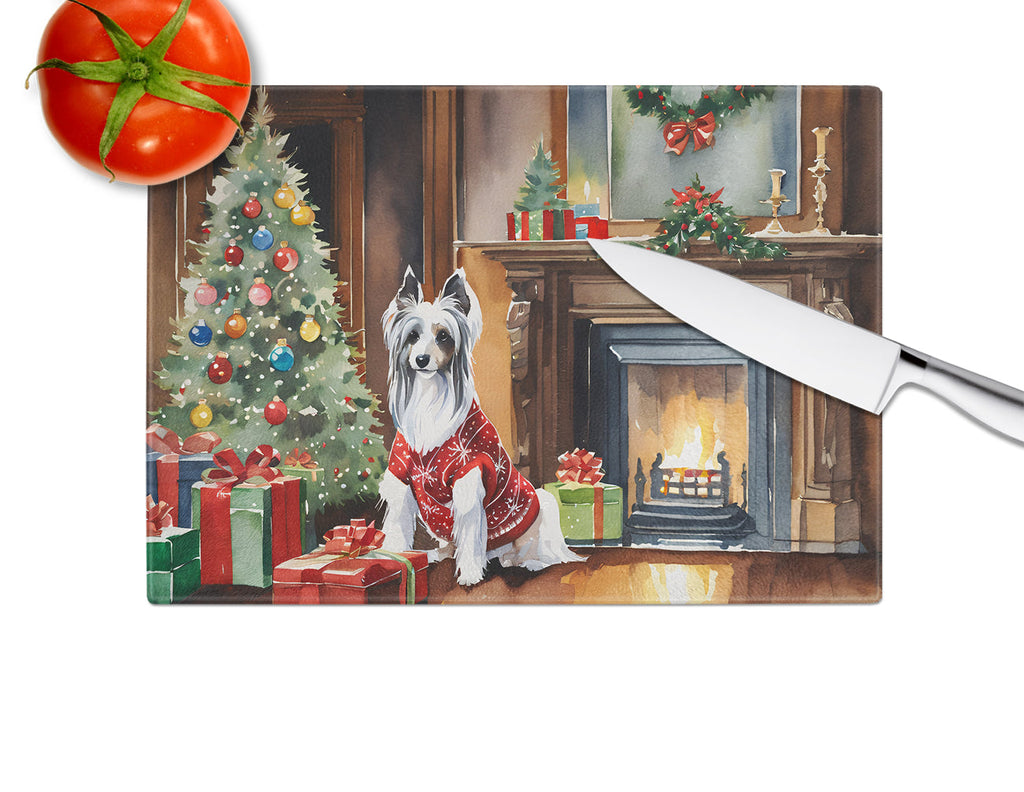Chinese Crested Cozy Christmas Glass Cutting Board