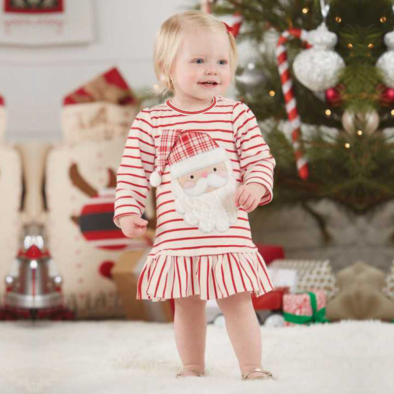 Girls' Long Sleeve Snowman Striped Dress for Christmas