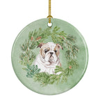Bulldog Puppy Fawn Christmas Wreath Ceramic Ornament
