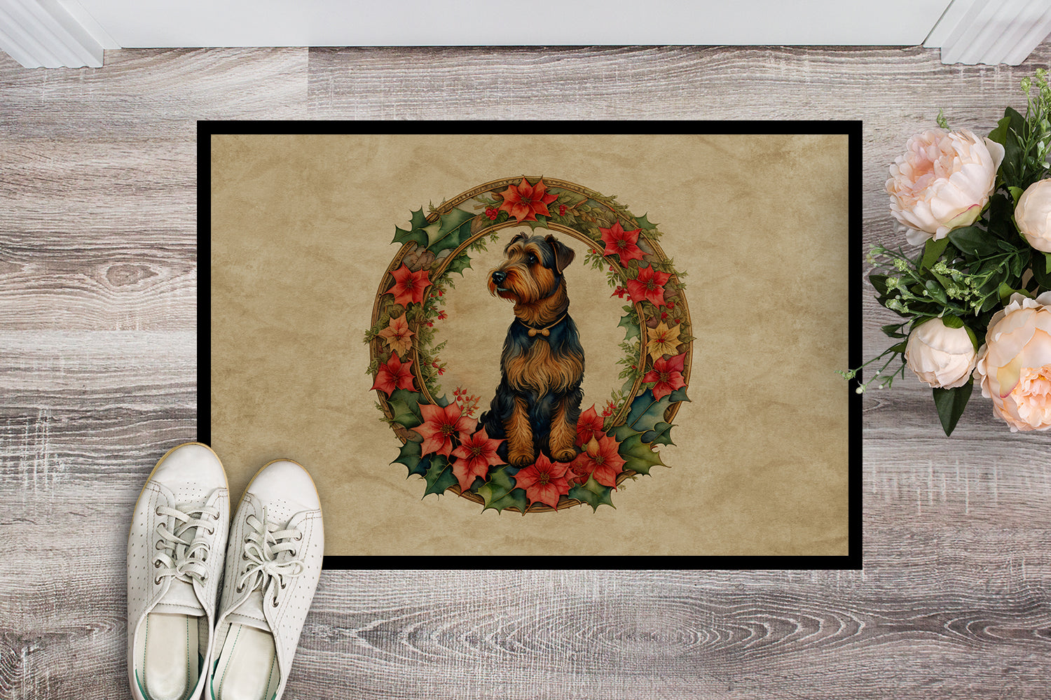 Airedale Terrier Christmas Flowers Doormat