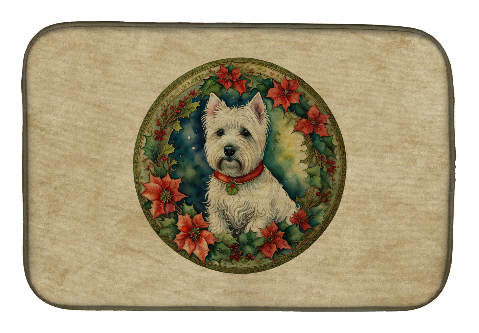 Westie Christmas Flowers Dish Drying Mat
