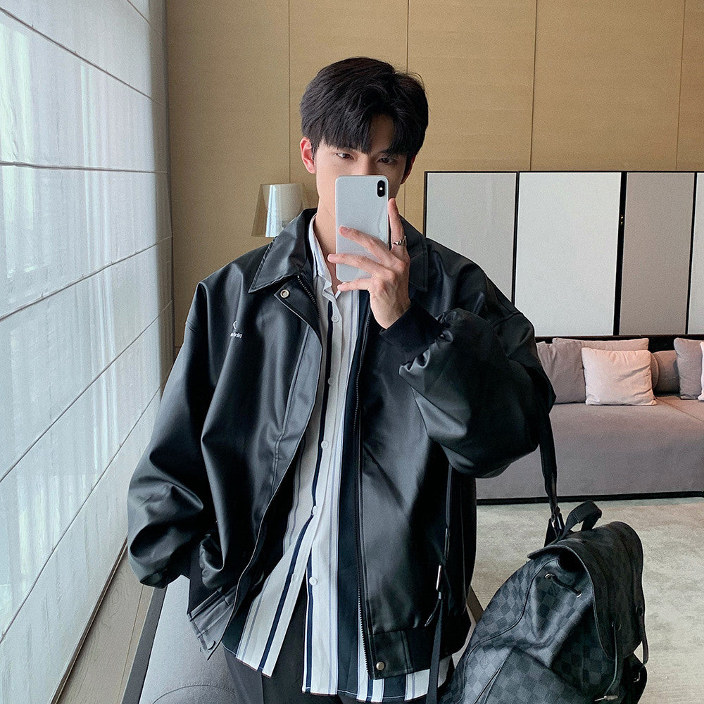 Men's Solid Color PU Leather Lapel Jacket