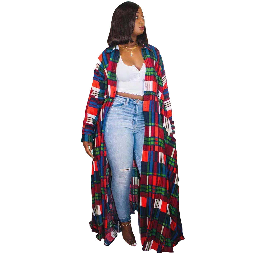 Plaid Print Double-breasted Long Coat for Women