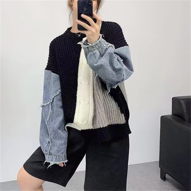 Thin Loose Denim Stitching Twist Sweater for Women
