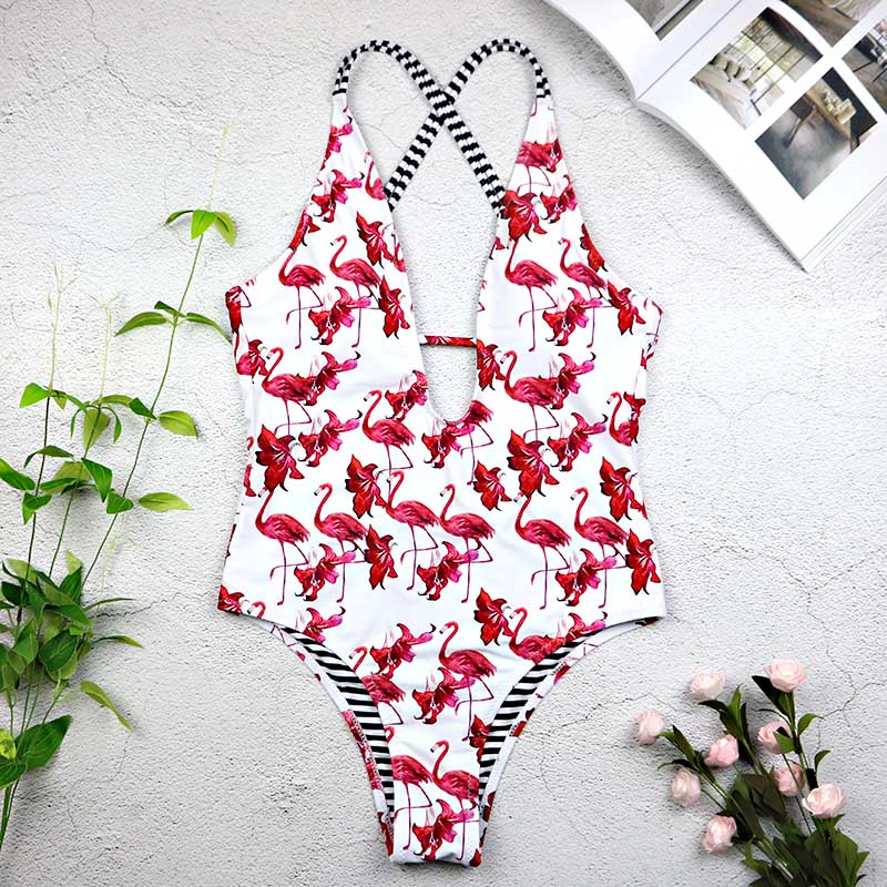 Flamingo Print Bikini with Cross Strap One-Piece Swimsuit