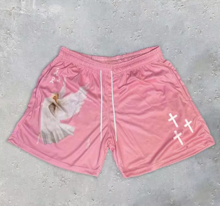 Angel and Cross Print Mesh Gym Shorts