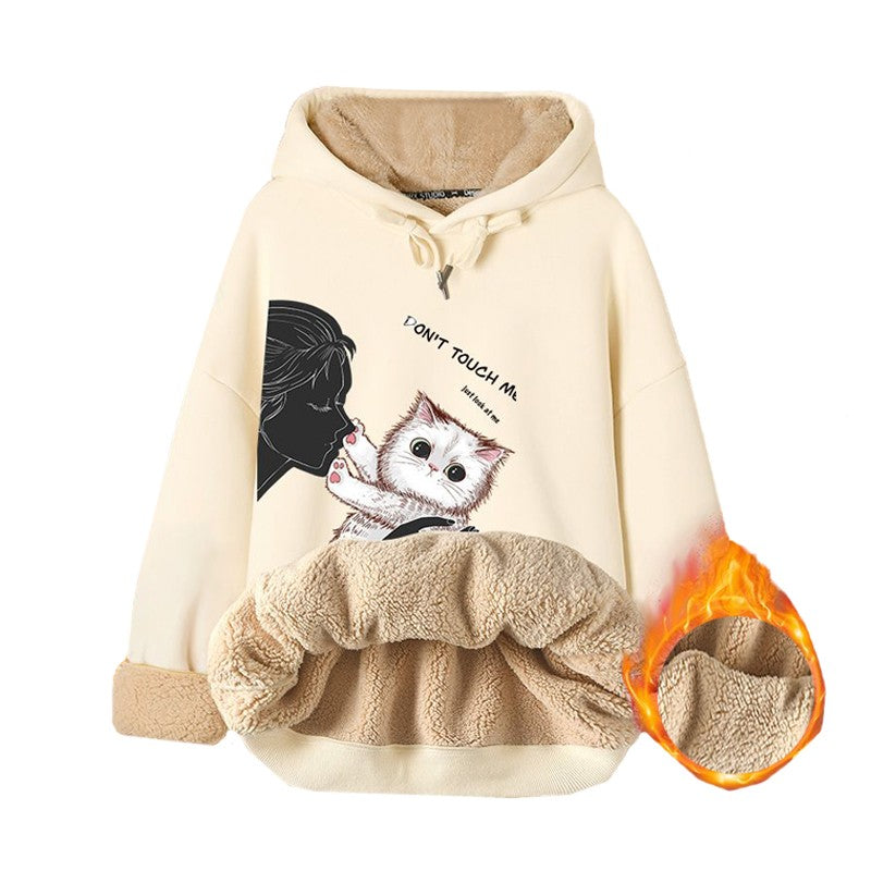 Women's Thick Fleece Hooded Jacket with Cat Print