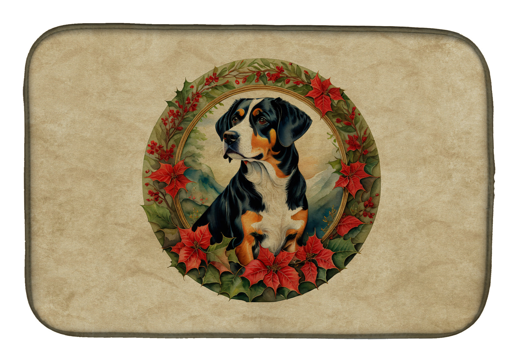 Entlebucher Mountain Dog Christmas Flowers Dish Drying Mat