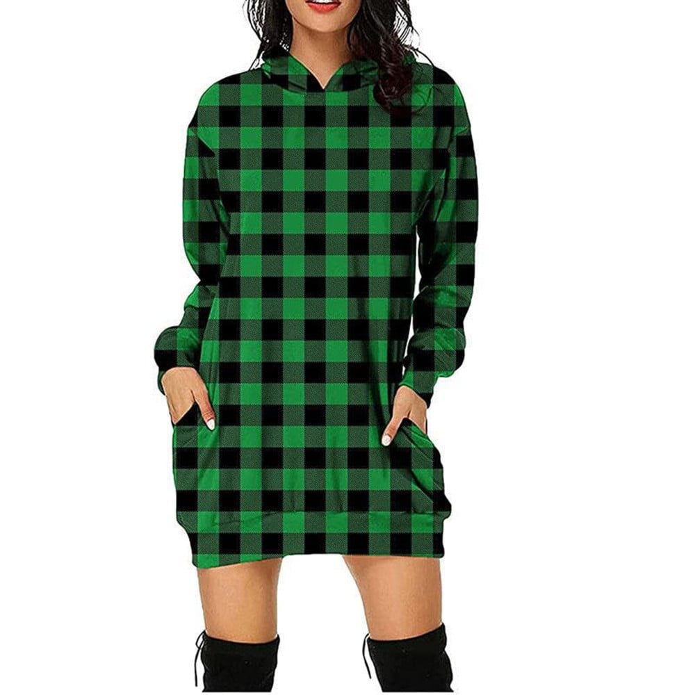 Women's Hooded Long Sleeve Sweatshirt in Plaid Print | Streetwear