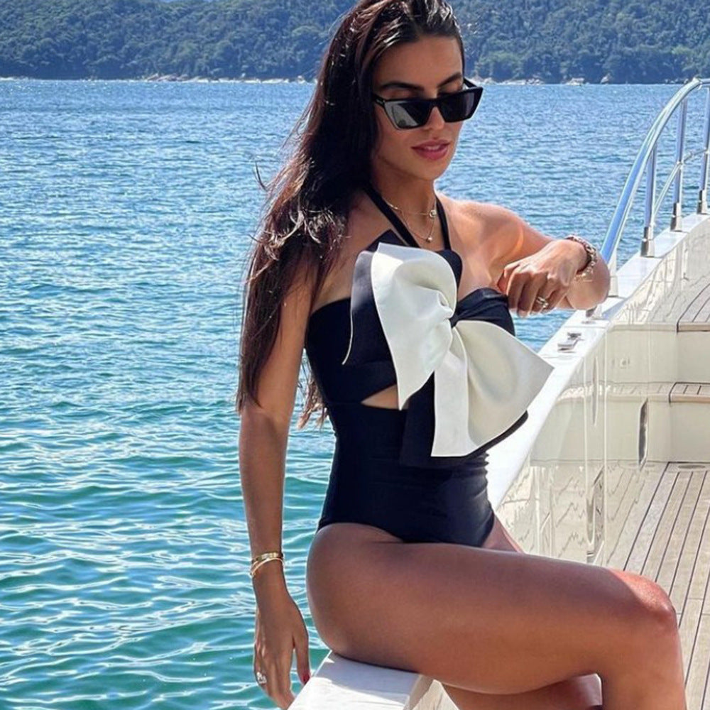 2024 Women's Halter One-Piece Swimsuit with Bow