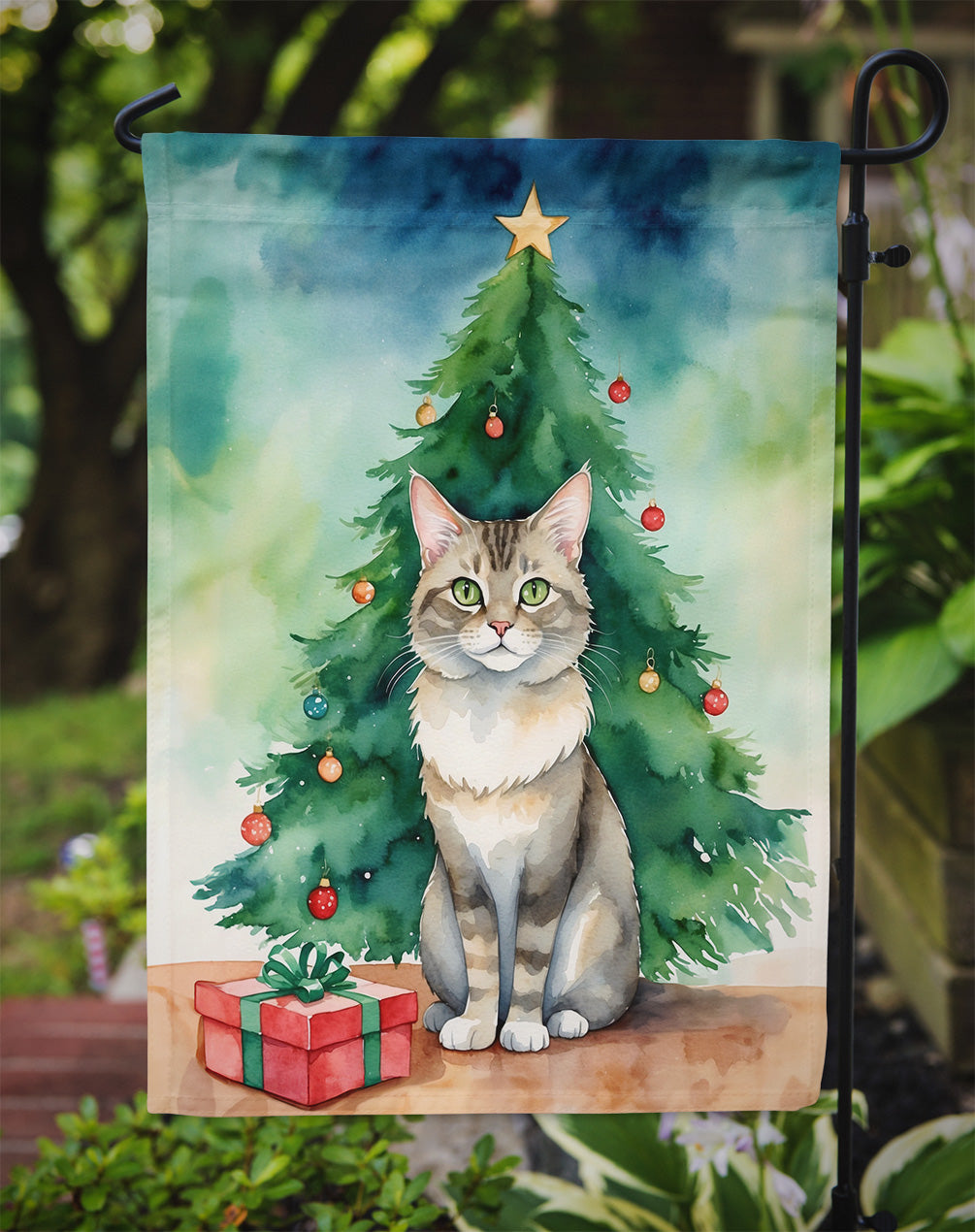 Dwelf Cat By the Christmas Tree Garden Flag