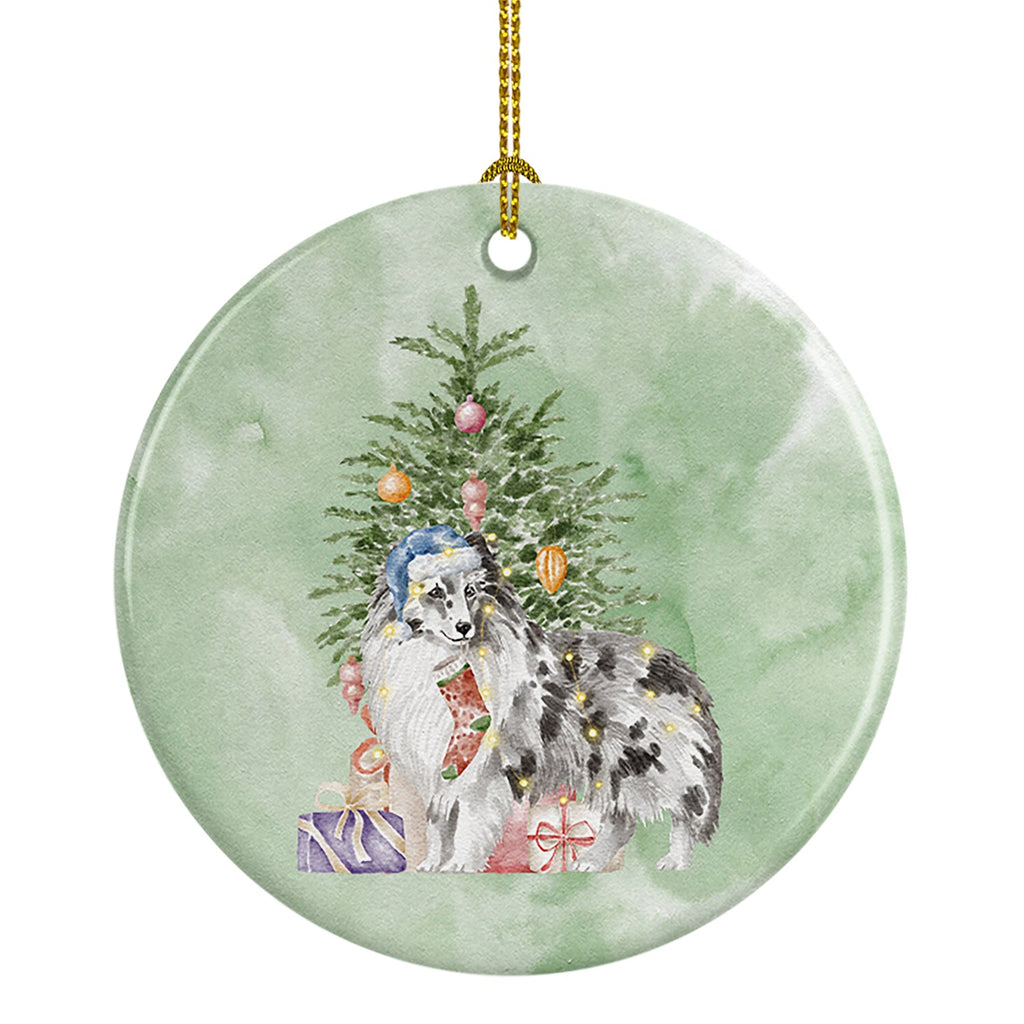 Sheltie Blue Merle Christmas Presents and Tree Ceramic Ornament