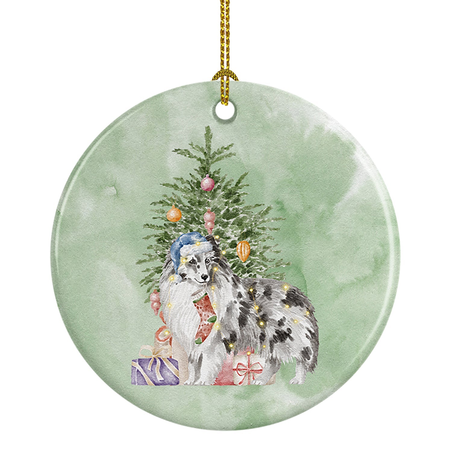 Sheltie Blue Merle Christmas Presents and Tree Ceramic Ornament