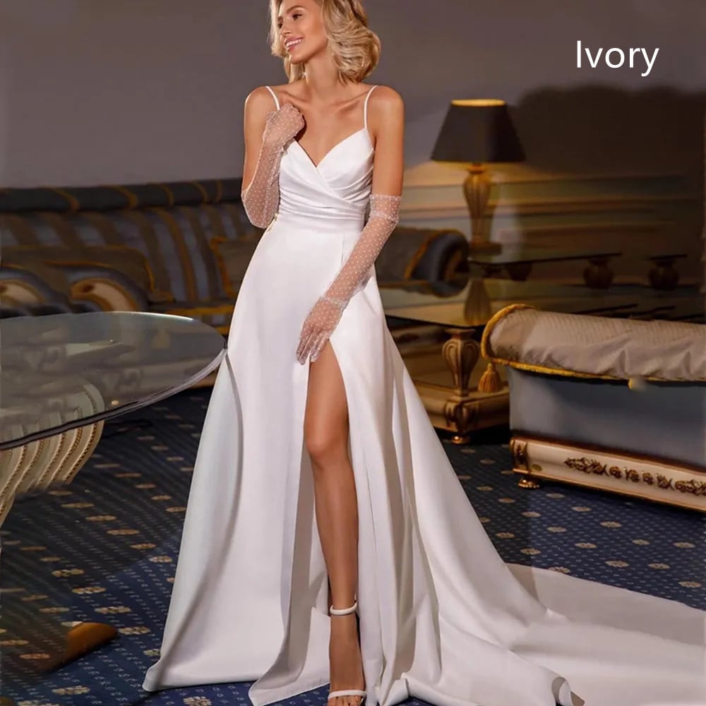 Simple Satin A-line Wedding Dress with Spaghetti Straps