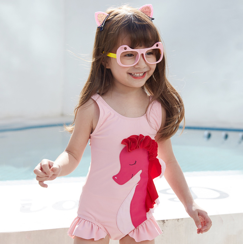 Girls' Cartoon One-Piece Swimsuit with Pony Design