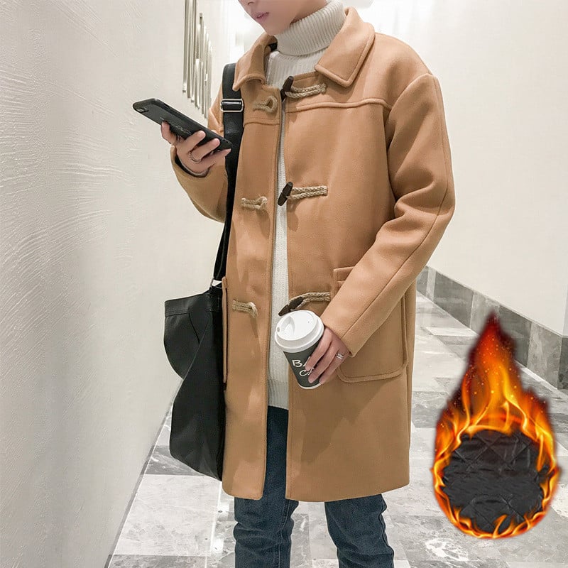 Horn Button Mid-Length Woolen Coat for Men
